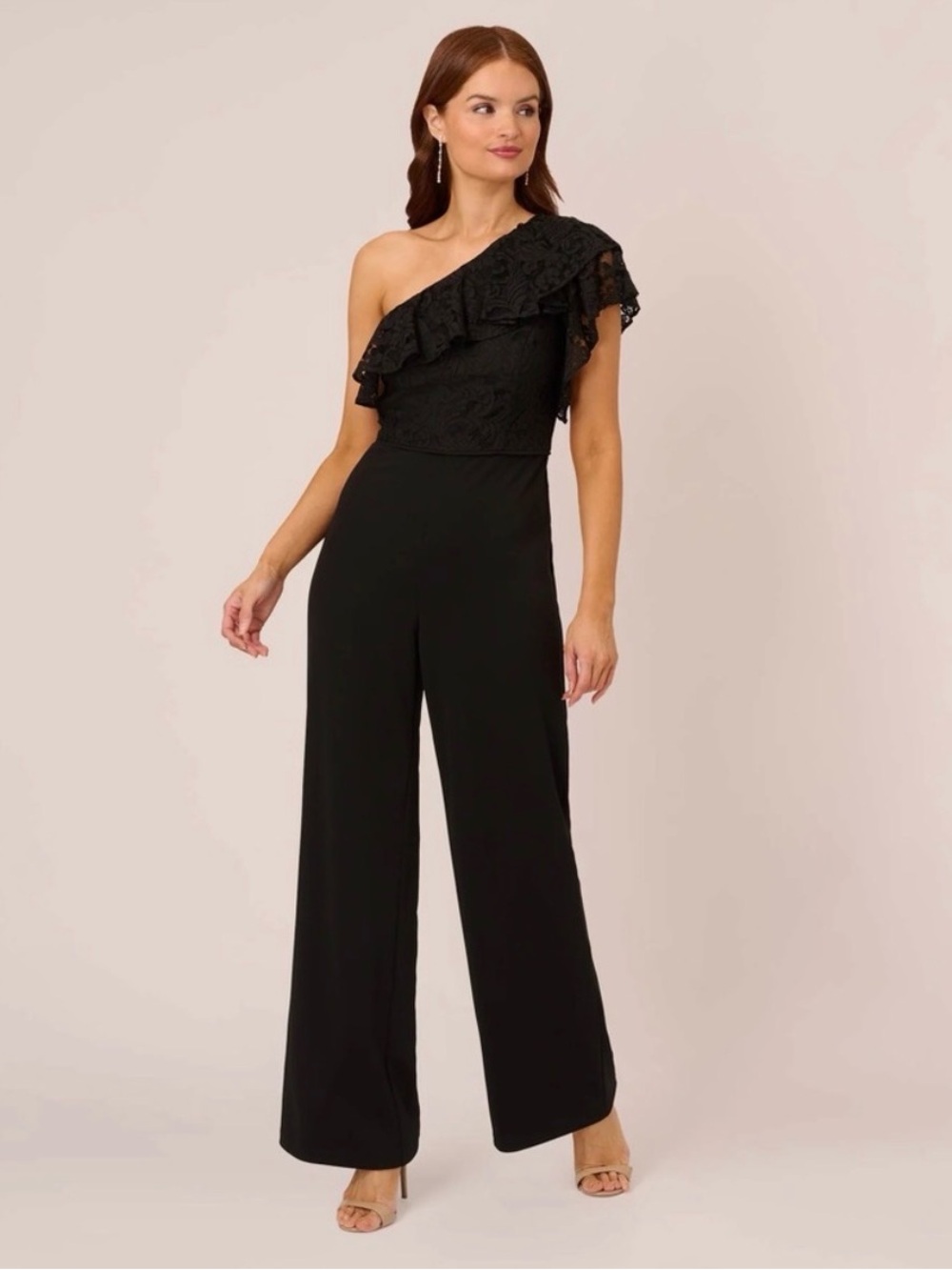 Adrianna Papell One-Shoulder Black Crepe Lace Jumpsuit. New with tags.
